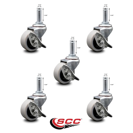 Service Caster 2 Inch Thermoplastic Wheel 1-3/8 Grip Ring Stem Caster Set with Brakes, 5PK SCC-GR05S210-TPRS-SLB-716138-5